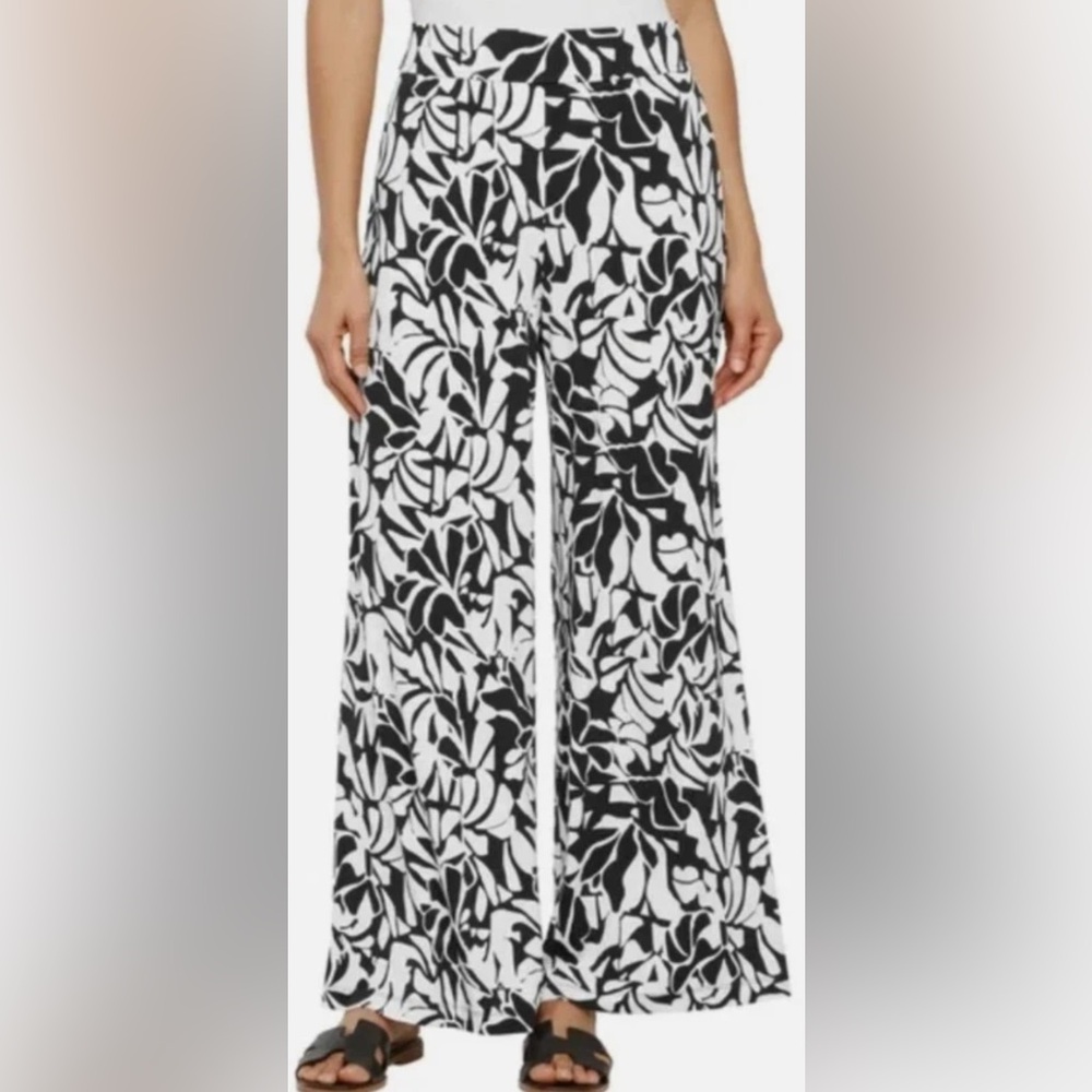 NEW - Three Dots Black and White Leaf Print Wide Leg Pants, Size XL - Picture 1 of 9